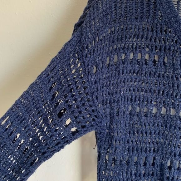 DKNY Jeans Tunic Sweater Medium Blue Silver Metallic Open Knit Long Sleeves - Picture 6 of 9